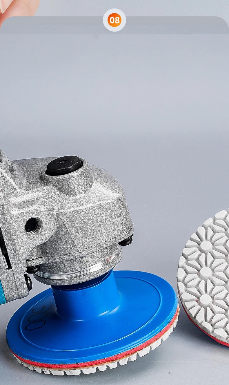 A close-up view of an integrated stone trimming polishing disc set with a blue hub and red and white abrasive discs.