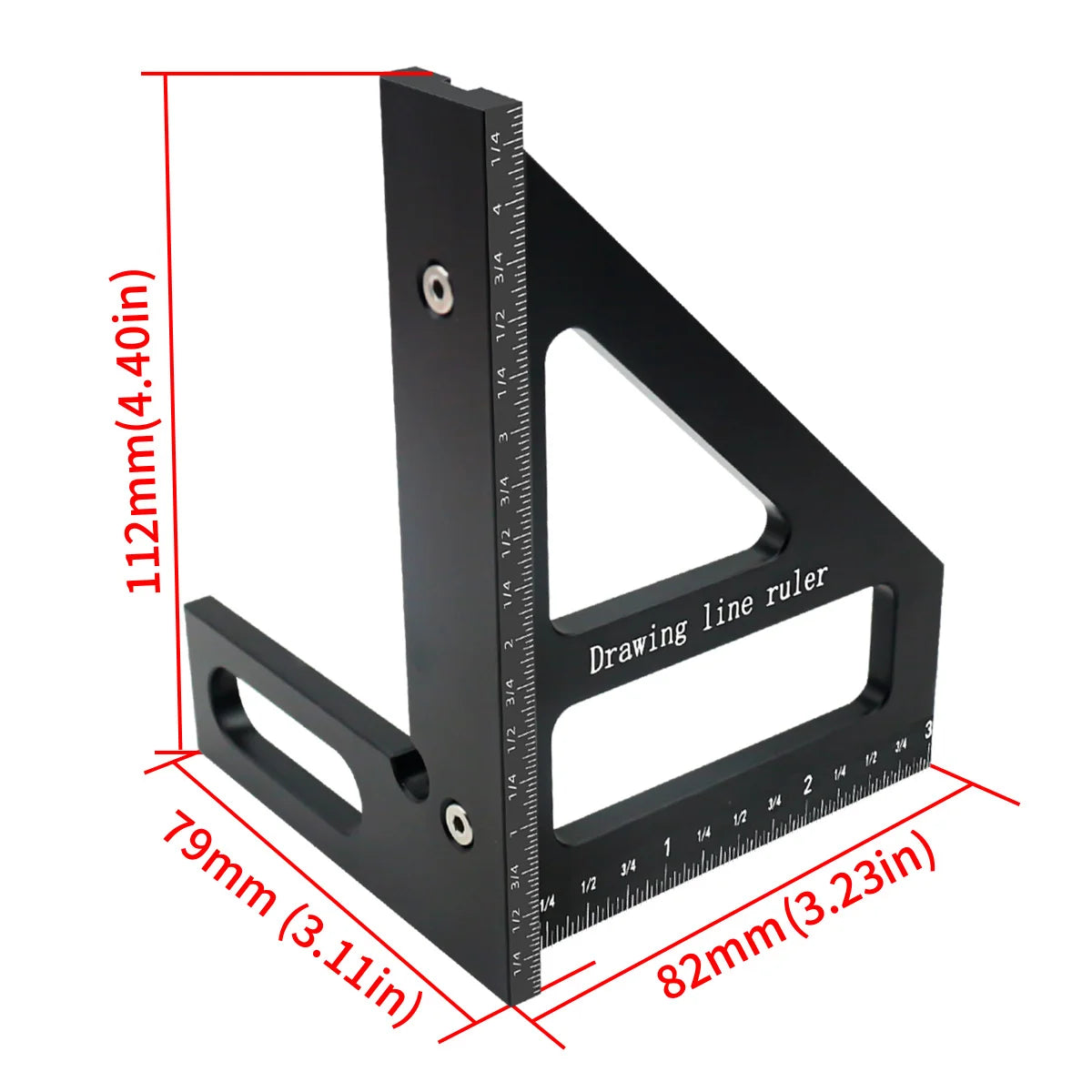 A black precision angle and layout square with a drawing line ruler shown in a diagonal view.