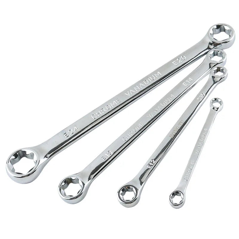 A set of precision E-Torx hex socket bits and drivers with various sizes