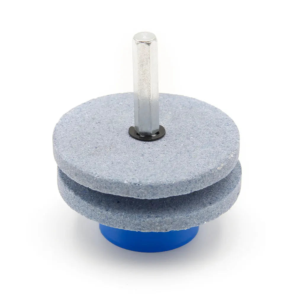 A round, gray grinding stone with a metal rod for knife sharpening is shown.