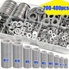 A collection of stainless steel flat washers ranging in size from M2 to M12, packaged in clear plastic trays.