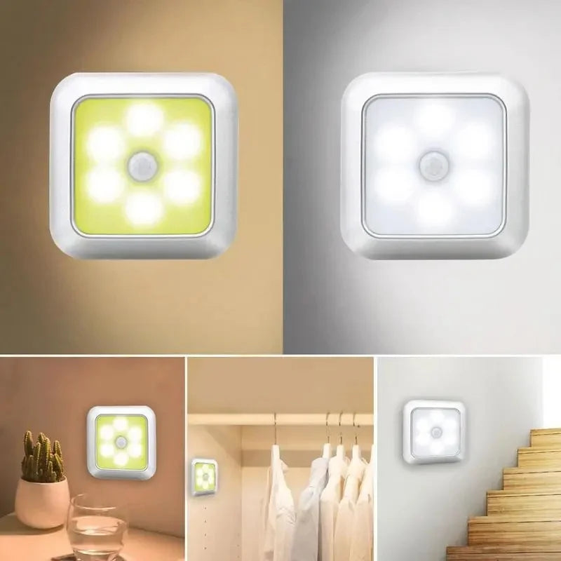 A white automatic motion sensor night light with a glowing green LED, shown in various wall mounting contexts.