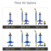 Three kit options showing various sizes of precision oil and dye injector kits labeled Set A through Set F