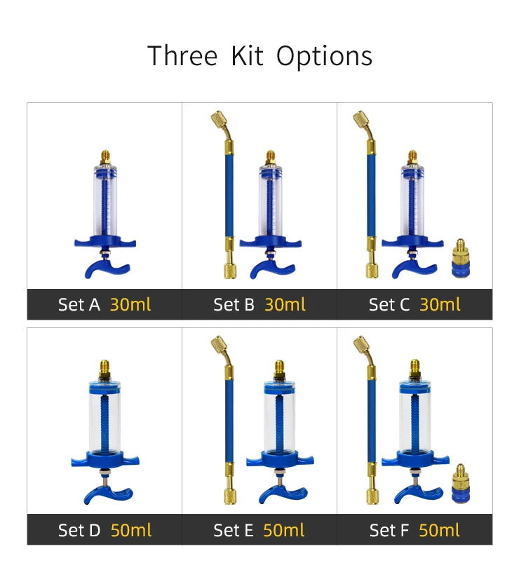 Three kit options showing various sizes of precision oil and dye injector kits labeled Set A through Set F