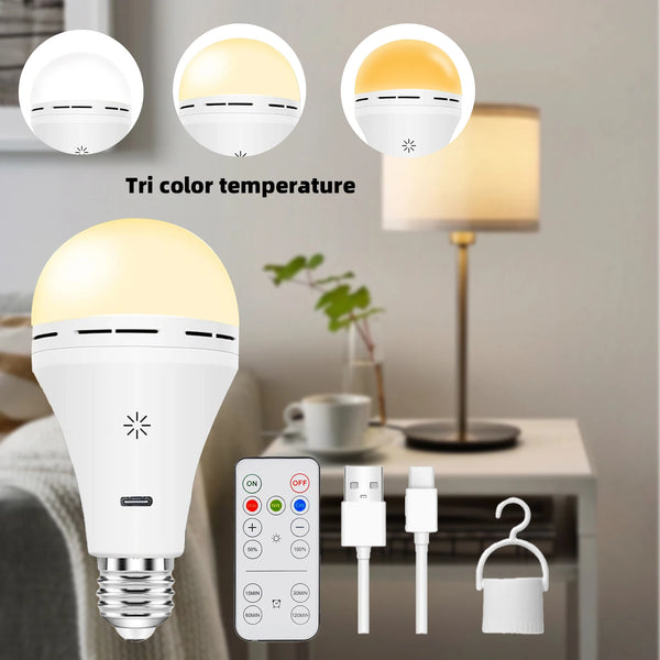A smart rechargeable LED bulb with a remote control and three color temperature options shown next to its components.