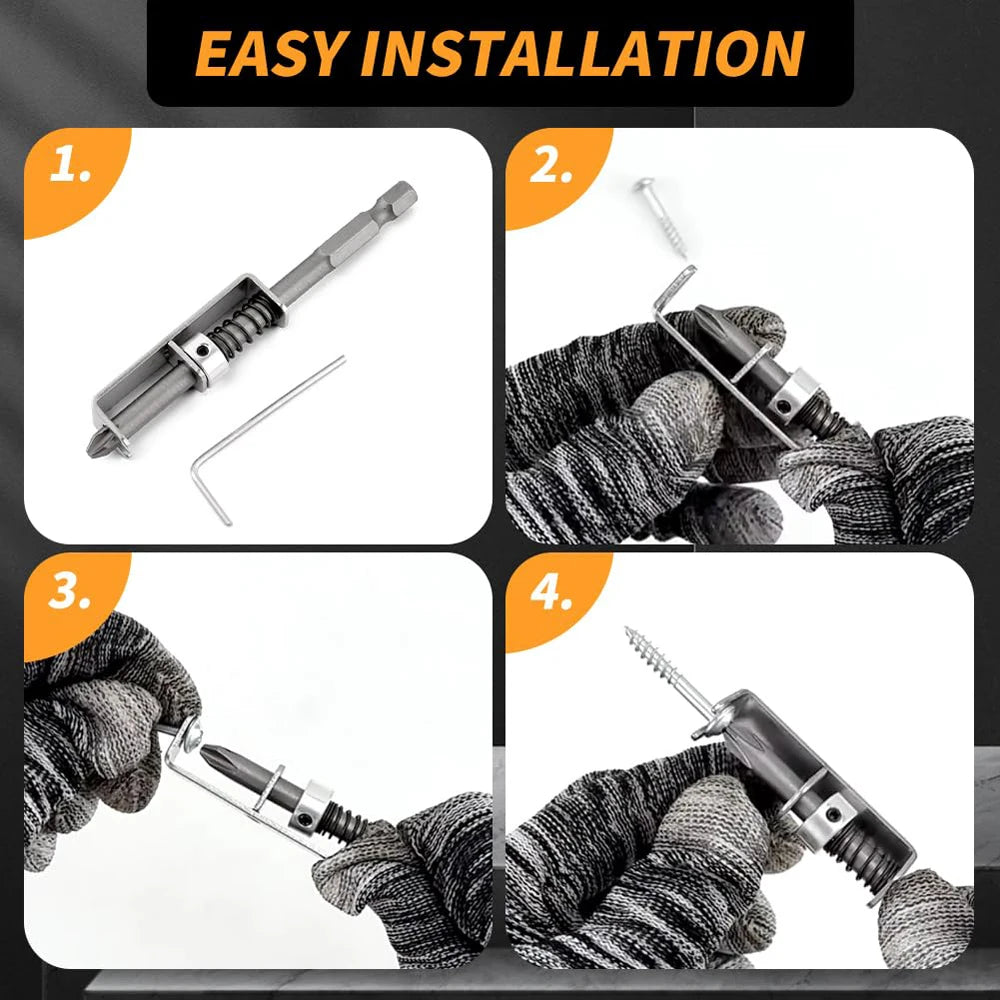 Four steps showing the easy installation of a spring-loaded screw holder bit set.