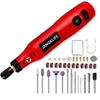 A red JANGKLIFE USB cordless rotary tool kit with various engraving bits and tools.