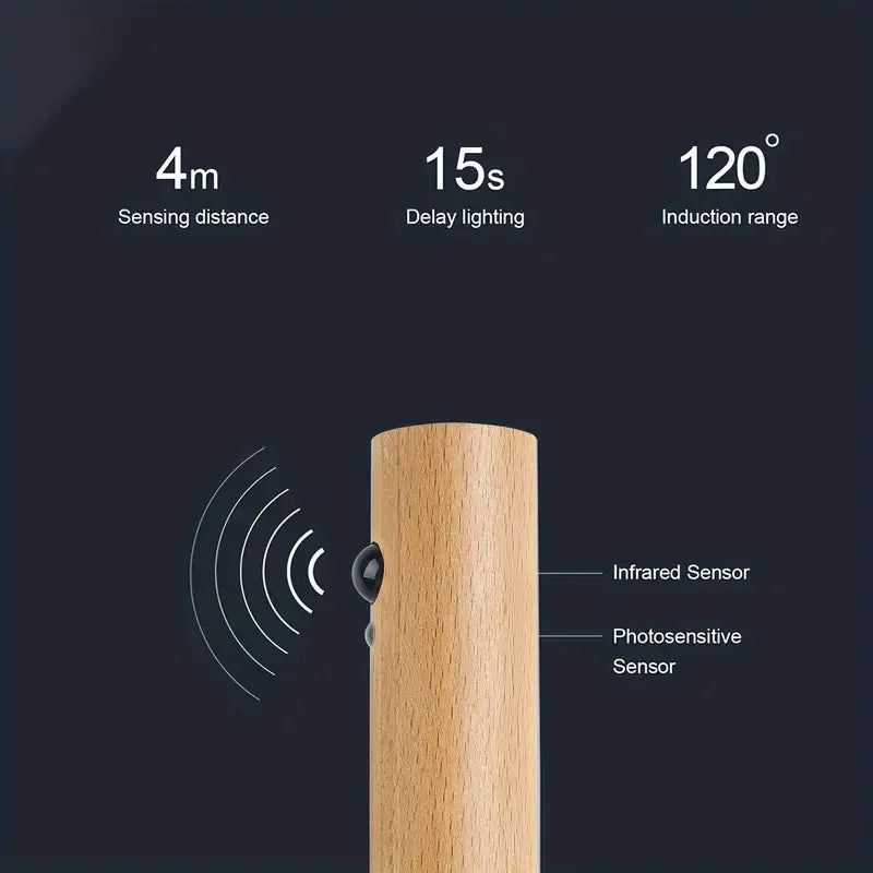 Objeto de madera con sensor infrarrojo y fotosensible junto a especificaciones de distancia y retardo de detección