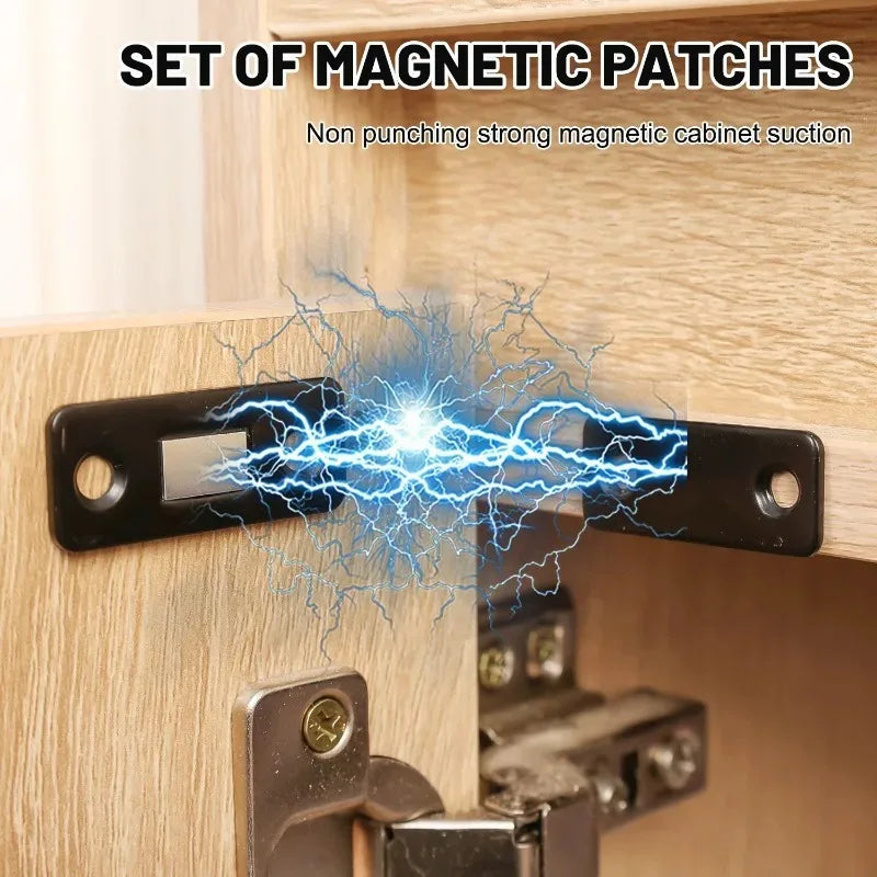 Set of magnetic patches showing strong magnetic cabinet suction on a wooden surface