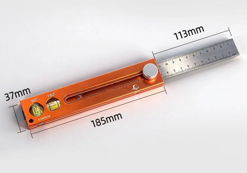 An orange extendable scribing level ruler with markings and a silver scale, shown against a white background.