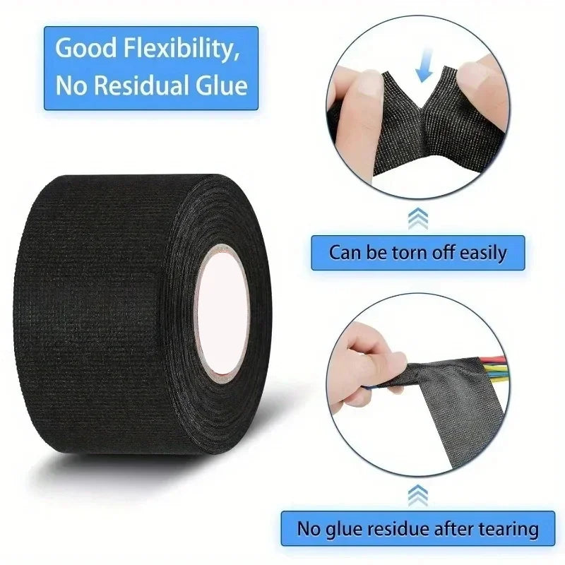 Roll of black high-temperature automotive electrical insulating tape showing its flexibility and ease of tearing