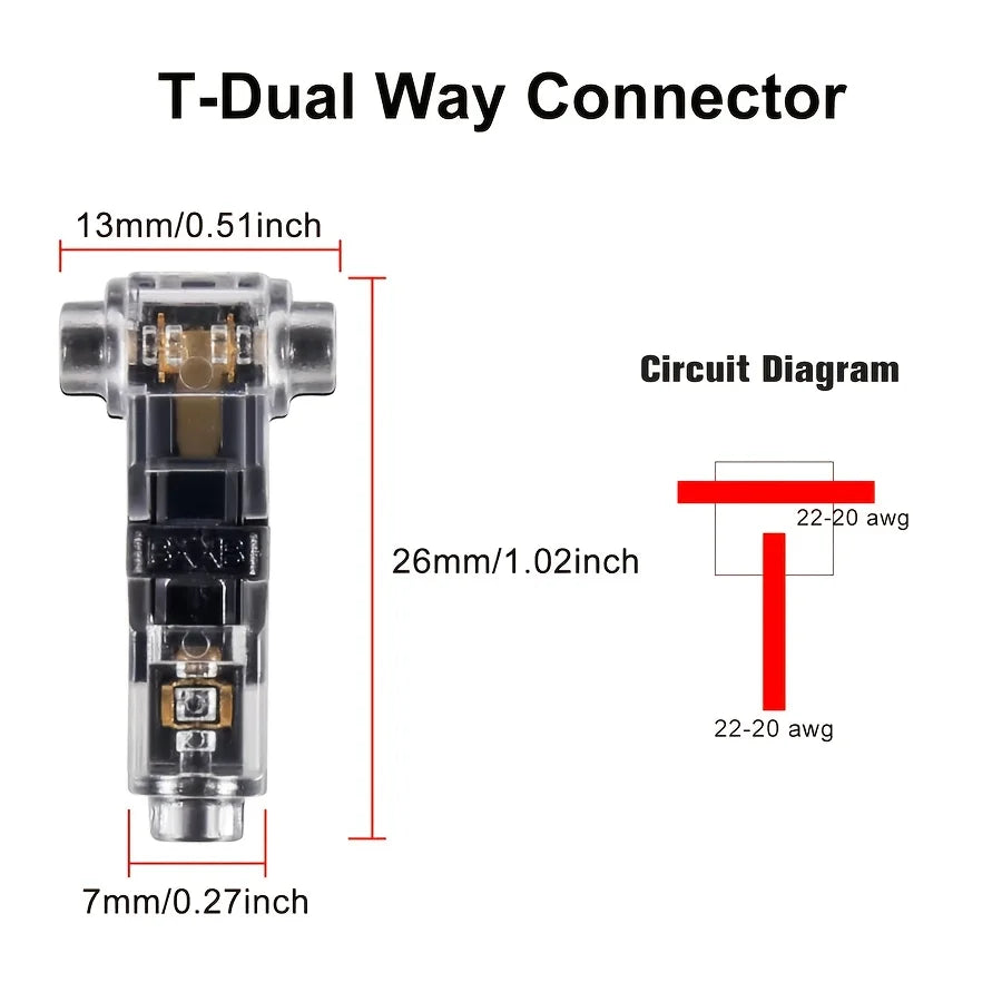A T-Dual Way Connector showing dimensions of 13mm and 26mm, along with a circuit diagram.