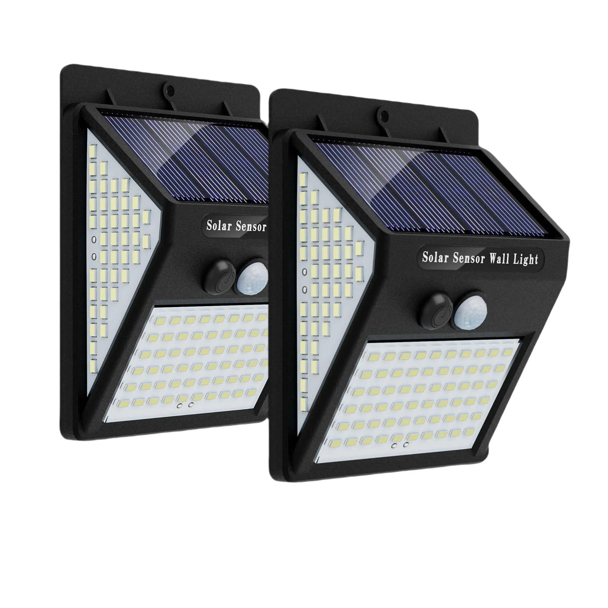 Two black solar sensor wall lights with integrated LED strips and motion sensors.