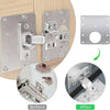 Stainless steel cabinet door hinge repair plate kit showing before and after installation of a hinge.