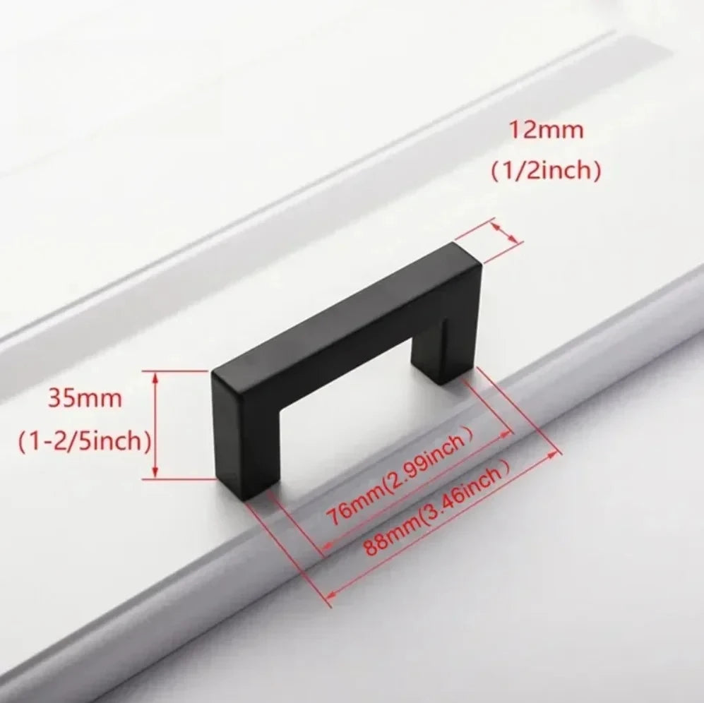 Black stainless steel cabinet and drawer pulls with 12mm thickness and various mounting dimensions