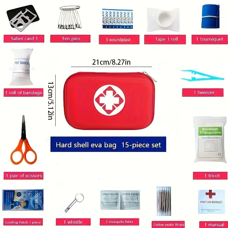 A collection of first aid supplies including bandages, pins, tweezers, scissors, and a hard shell eva bag set.