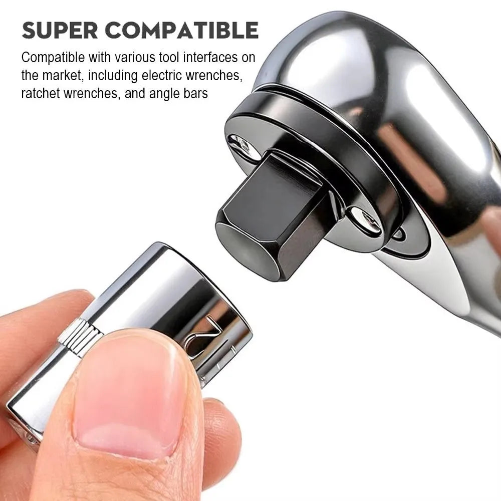 A close-up shot of a metallic socket adapter tool being held by a hand, demonstrating its compatibility.