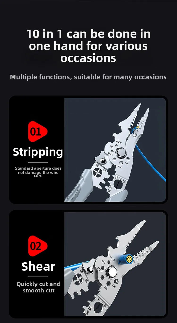 A close-up view of a heavy duty stainless steel wire stripper pliers demonstrating stripping and shearing functions.
