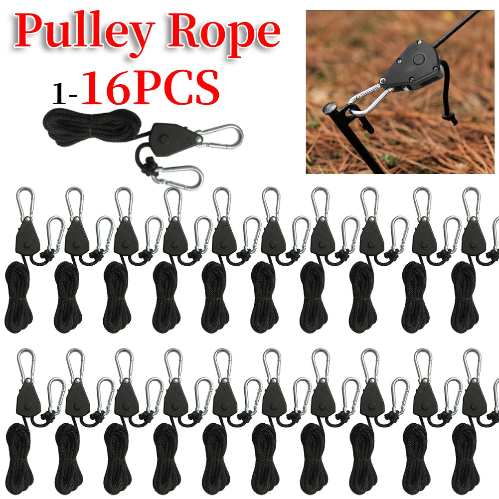 A collection of 16 black pulley ropes and lanyards for camping and utility use.