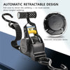 Automatic retractable device showing a black ratchet strap with a textured handle and a circular mechanism.