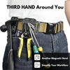 A close-up of a tool belt showing various hand tools and a magnetic hook for organizing work.