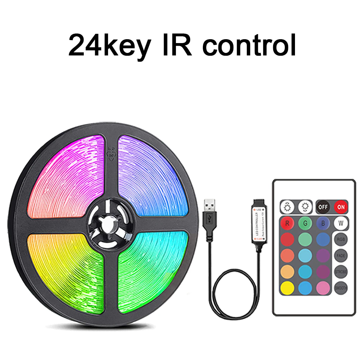 Dispositivo de control IR de 24 teclas con luz LED RGB circular y panel de control remoto.
