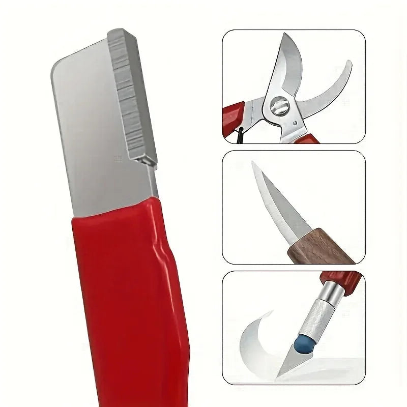 A red multi-purpose knife and shears sharpening stone with various sharpening tools shown in inset images.