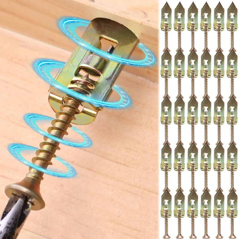 A close-up of a self-drilling drywall anchor being installed, showing the drill mechanism and blue energy rings.