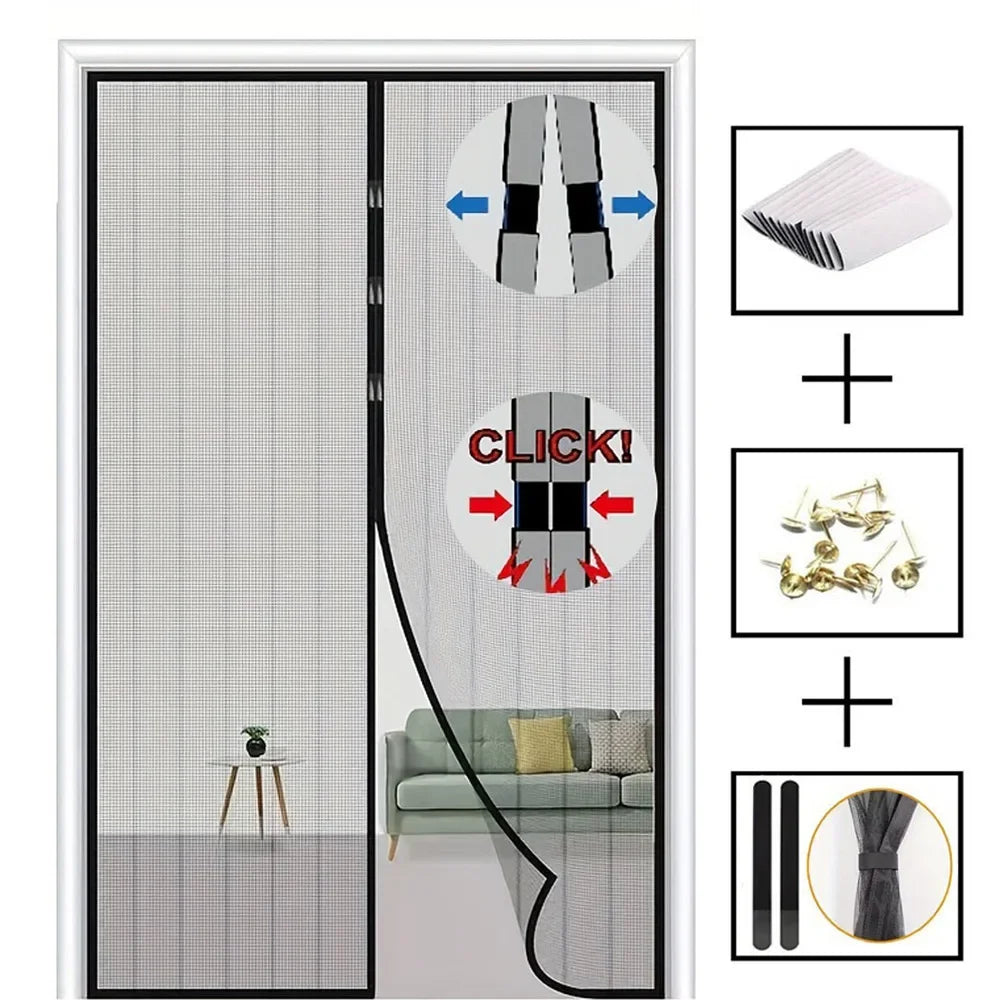 Cortina de mosquitera automática magnética con componentes de instalación y producto terminado