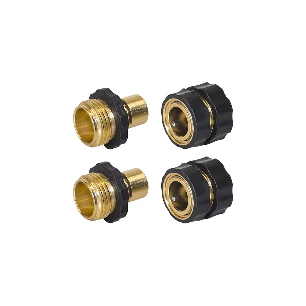 Two black and brass quick connectors for a 3/4 inch aluminum garden hose.
