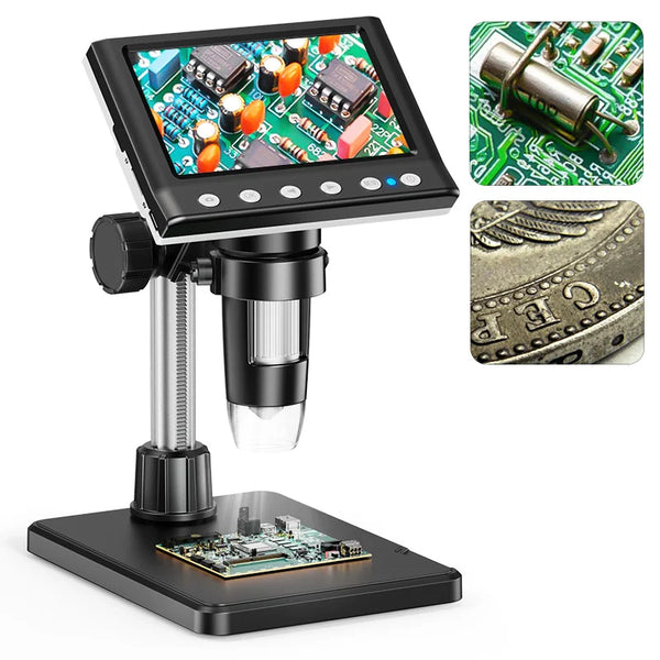A digital microscope setup showing a camera lens and a display, with close-ups of electronic components and a coin.