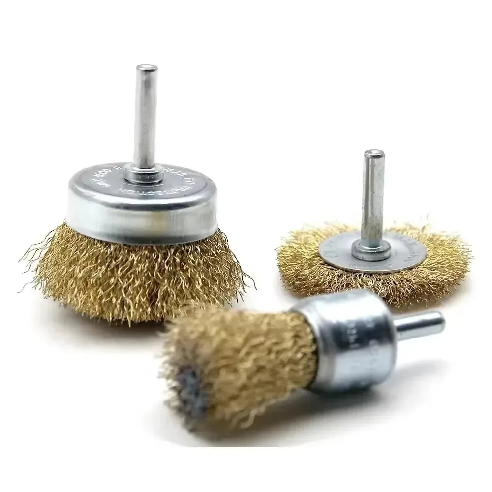 A precision wire brush set with a metal handle and brass bristles for rust removal and polishing.