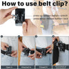 Instructions showing how to use a belt clip for a durable quick-release tool pouch.