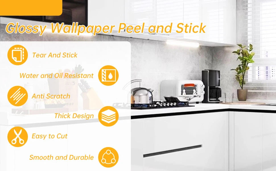 Glossy wallpaper peel and stick product showing various features like tear and stick resistance anti-scratch and durability