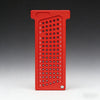 A red precision T-square ruler with numbered markings for carpentry and marking.