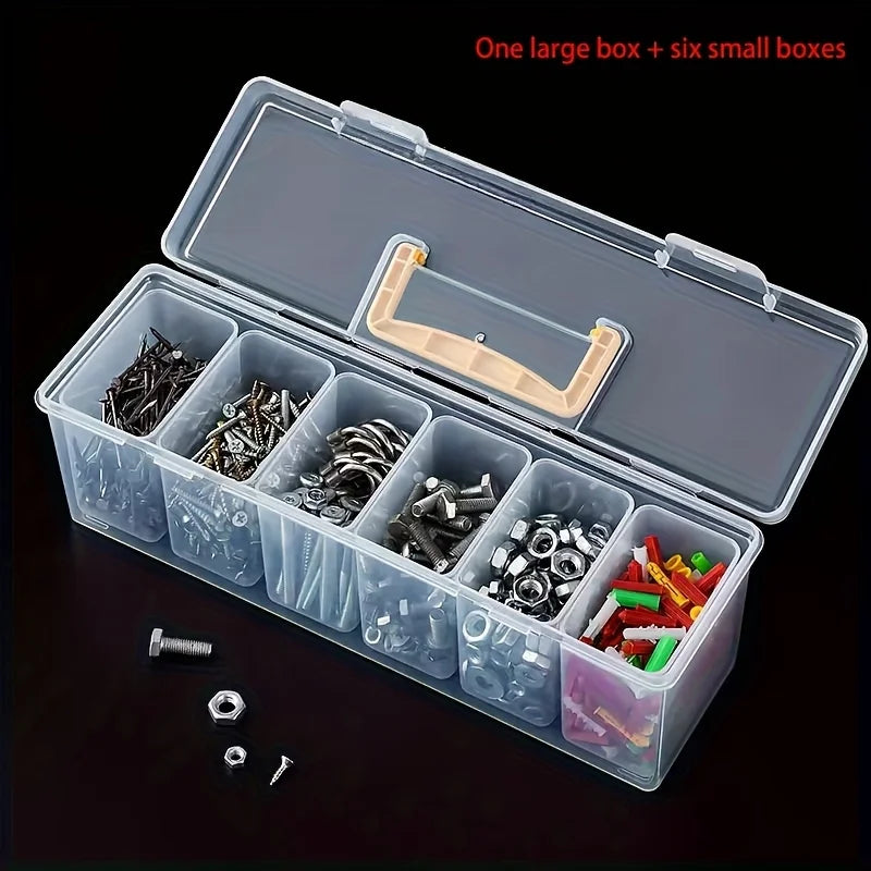 A clear plastic storage box with one large compartment and six small compartments holding various hardware and tools.
