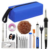 A collection of precision tools including a blue soldering iron case, various soldering irons, and tips for electronics repai