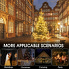 A festive scene featuring a brightly lit Christmas tree in front of historic brick buildings, with options for weddings, Chri