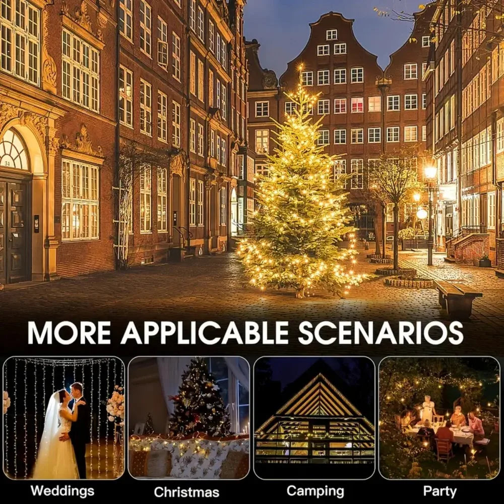 A festive scene featuring a brightly lit Christmas tree in front of historic brick buildings, with options for weddings, Chri