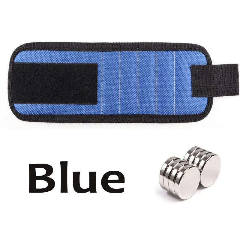 Blue magnetic wrist strap tool with black and blue striped fabric for DIY and repair
