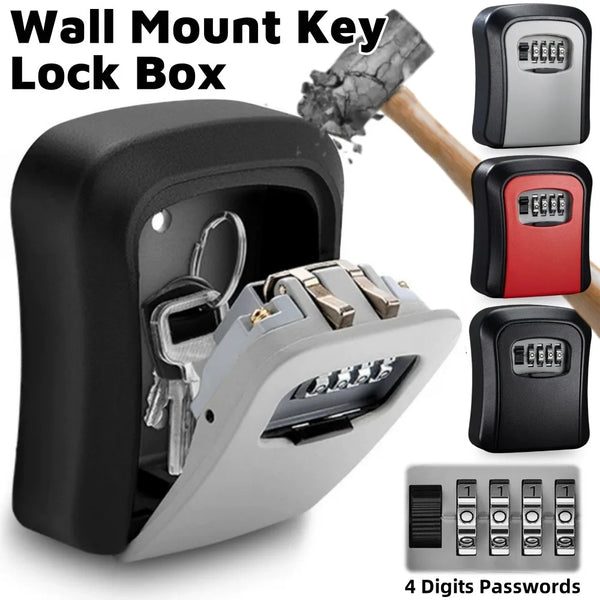 A black wall mount key lock box with a silver door showing a 4 digits password keypad.