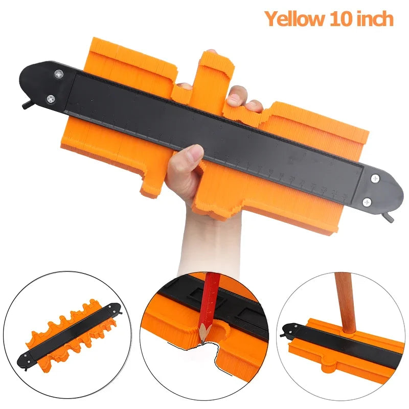 Yellow 10 inch profile contour gauge for woodworking and crafting shown with a hand.