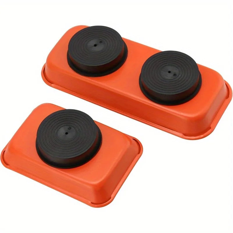 Orange magnetic parts tray with two circular holders for screws, nuts, and bolts