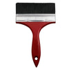 A red paint brush with a black bristled head and a silver ferrule.