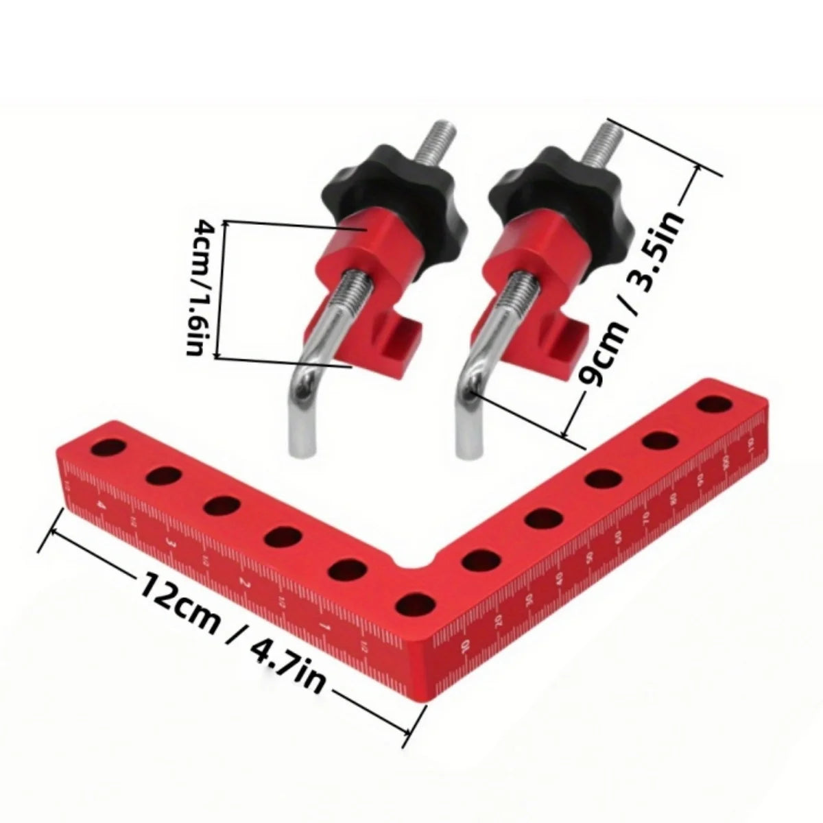A precision woodworking right angle clamp shown with measurements for clamping and angle adjustment.