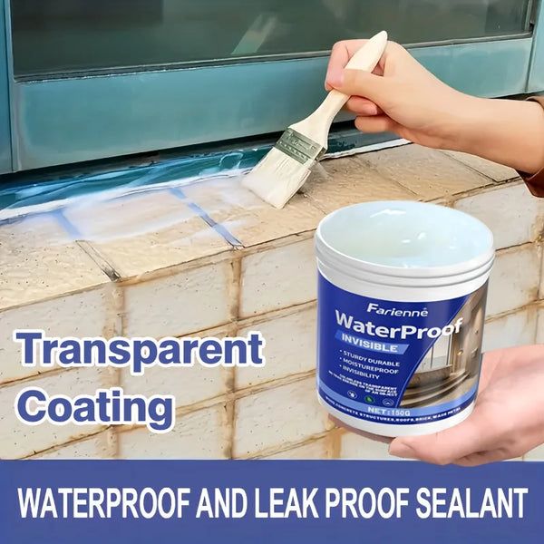 A hand is applying a transparent waterproof sealant to a tiled surface using a wooden tool.