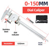 Calibrador de punzón de acero inoxidable con rango de 0-150mm y resolución de 0.02mm, mostrando la hoja de profundidad y el i