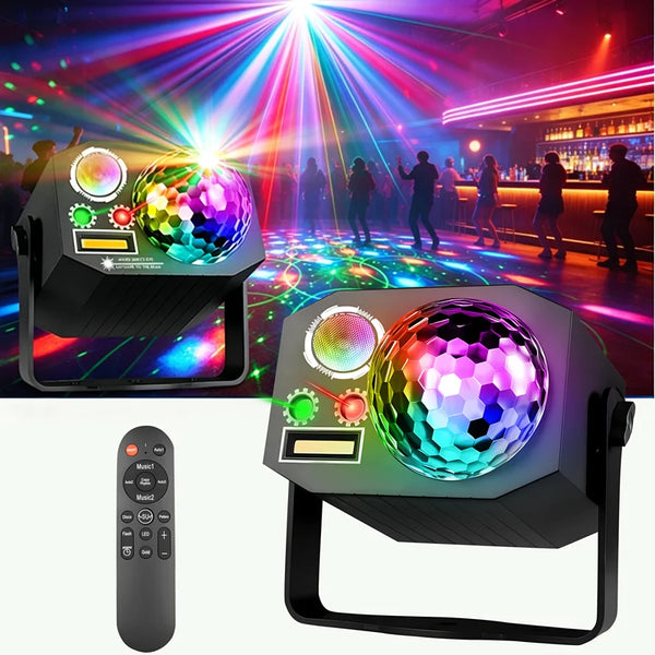 A dynamic disco ball LED party light fixture with a spherical light and remote control is shown under colorful stage lighting