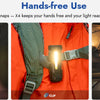 A hand is holding a black tactical LED flashlight, demonstrating its hands-free use with a strap.