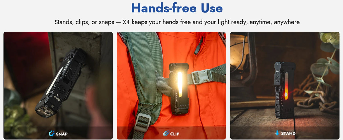 A hand is holding a black tactical LED flashlight, demonstrating its hands-free use with a strap.